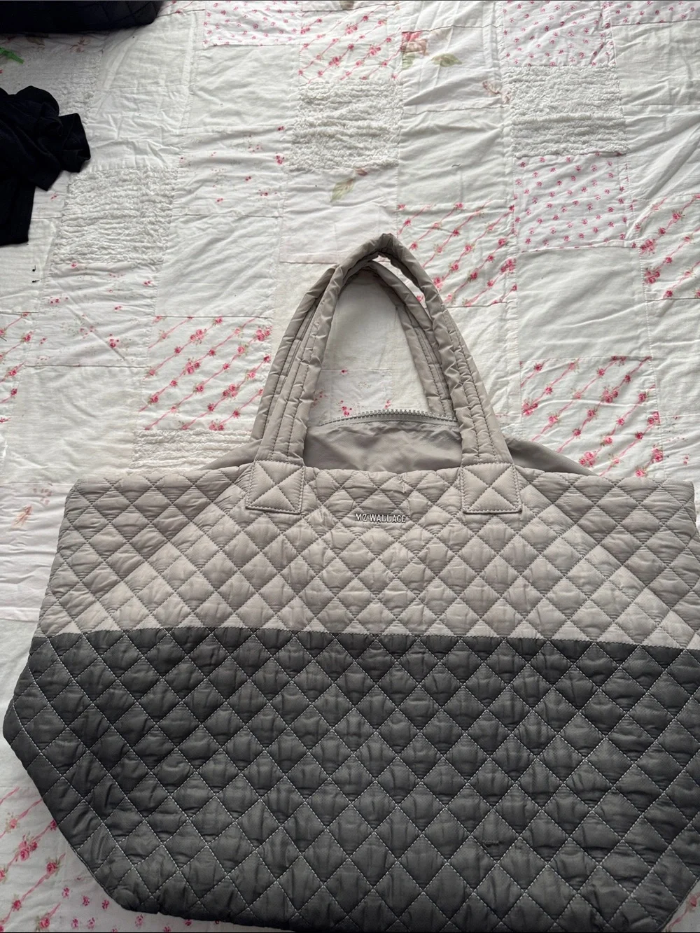 MZ Wallace Quilted Nylon Tote Bag — Light Gray/Dark Gray